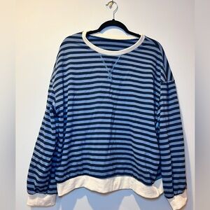 Women’s XL Blue Striped Top‎ With Tan Cuffs Long Sleeve